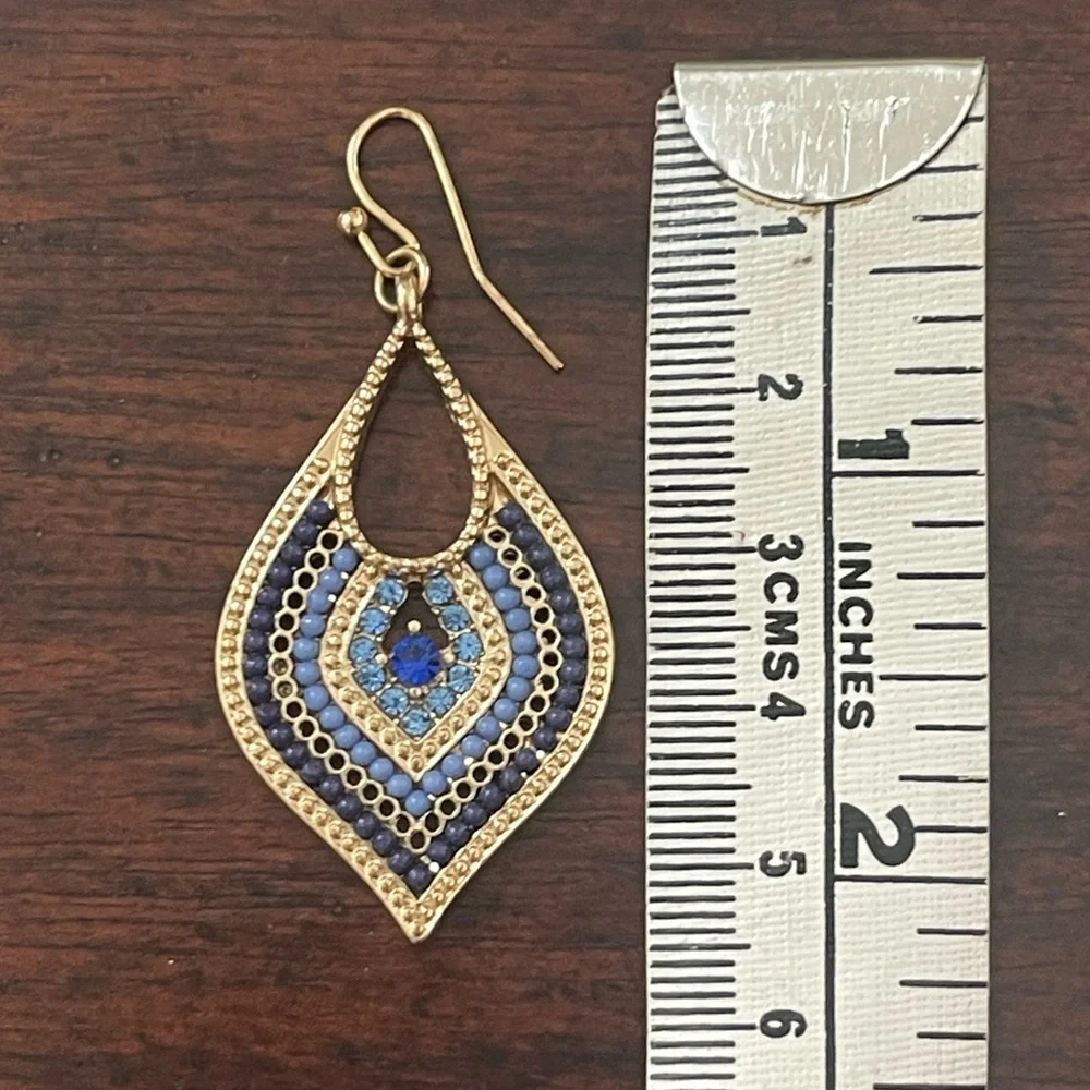 Ward off evil eye blue crystal bead gold tone drop earrings - Picture 4 of 4